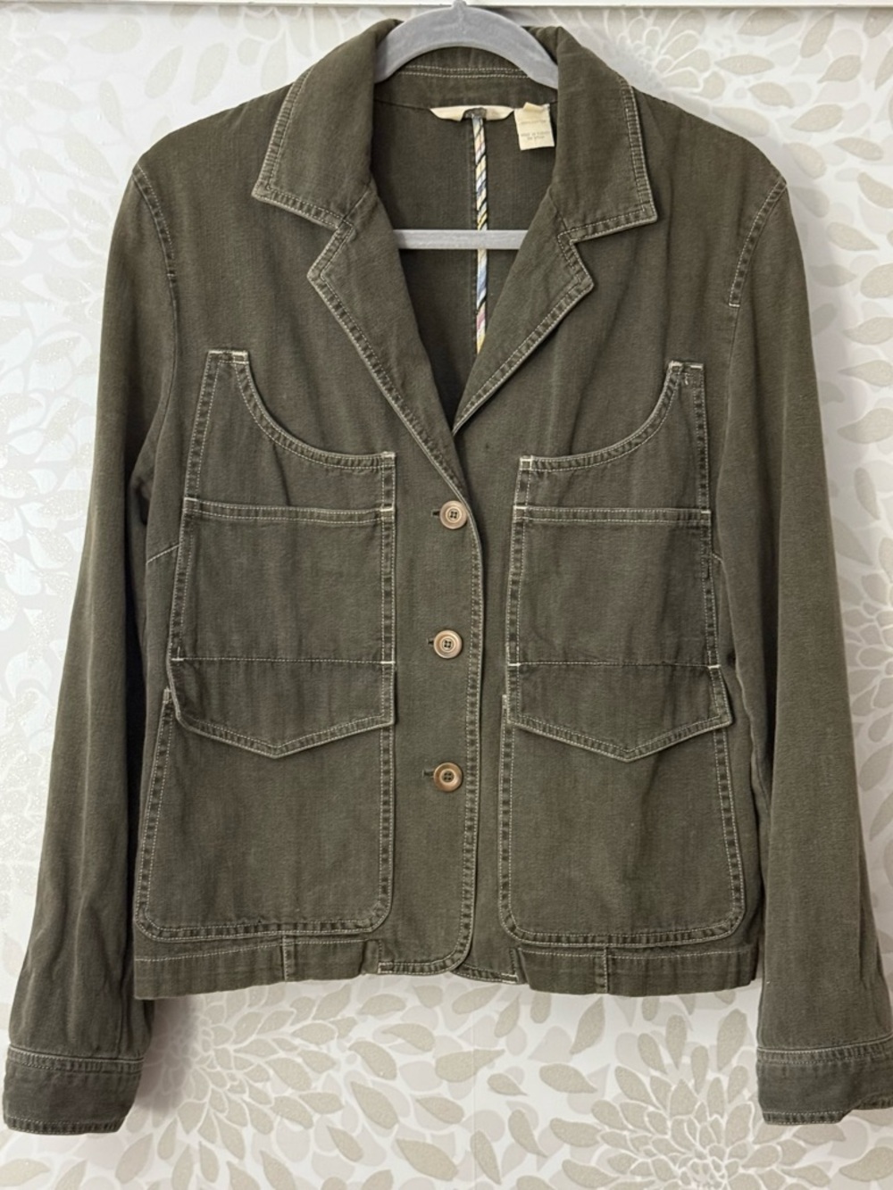 J Jill Women’s M Olive Green Utility Chore Denim Jean Jacket Contrast Stitching
